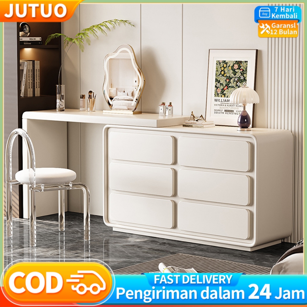 JUTUO Meja Rias Minimalis Modern 60-120cm - Laci dengan Rel Sunyi (Tanpa Bunyi) - Putih - Siap Kirim