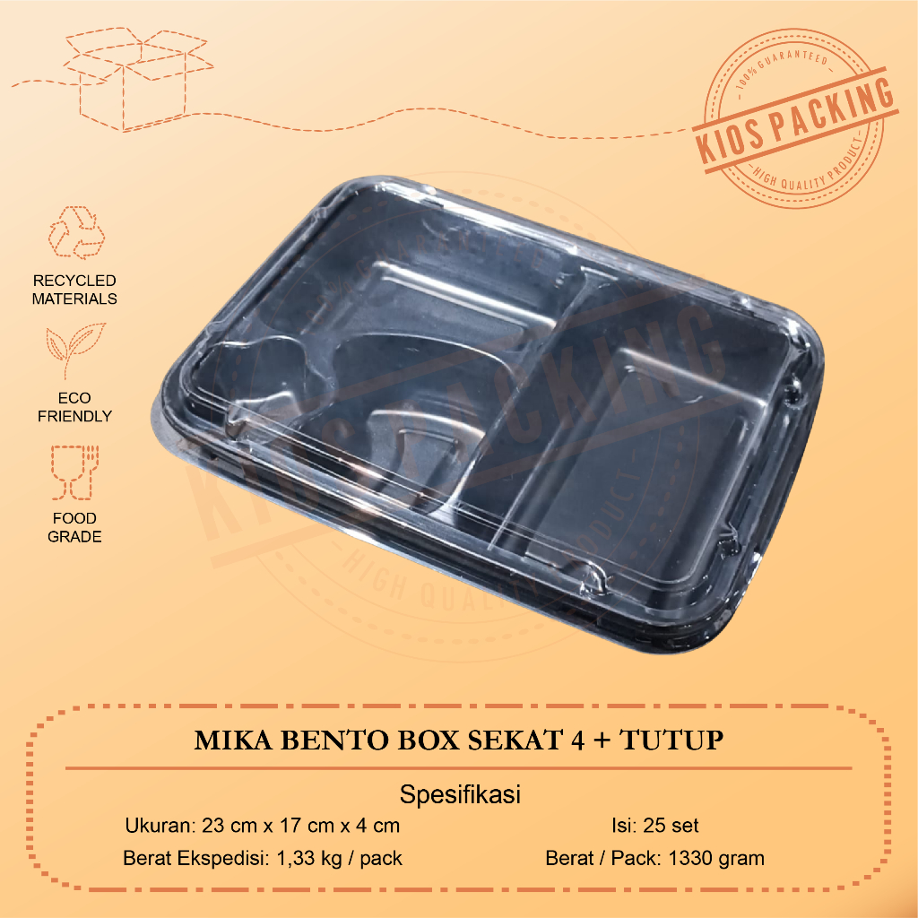 Mika Bento Sekat 4 + Tutup - Eceran Mika Bento Hitam Box Sekat 4 - Tray Bento Mika Lunch Kotak Cater