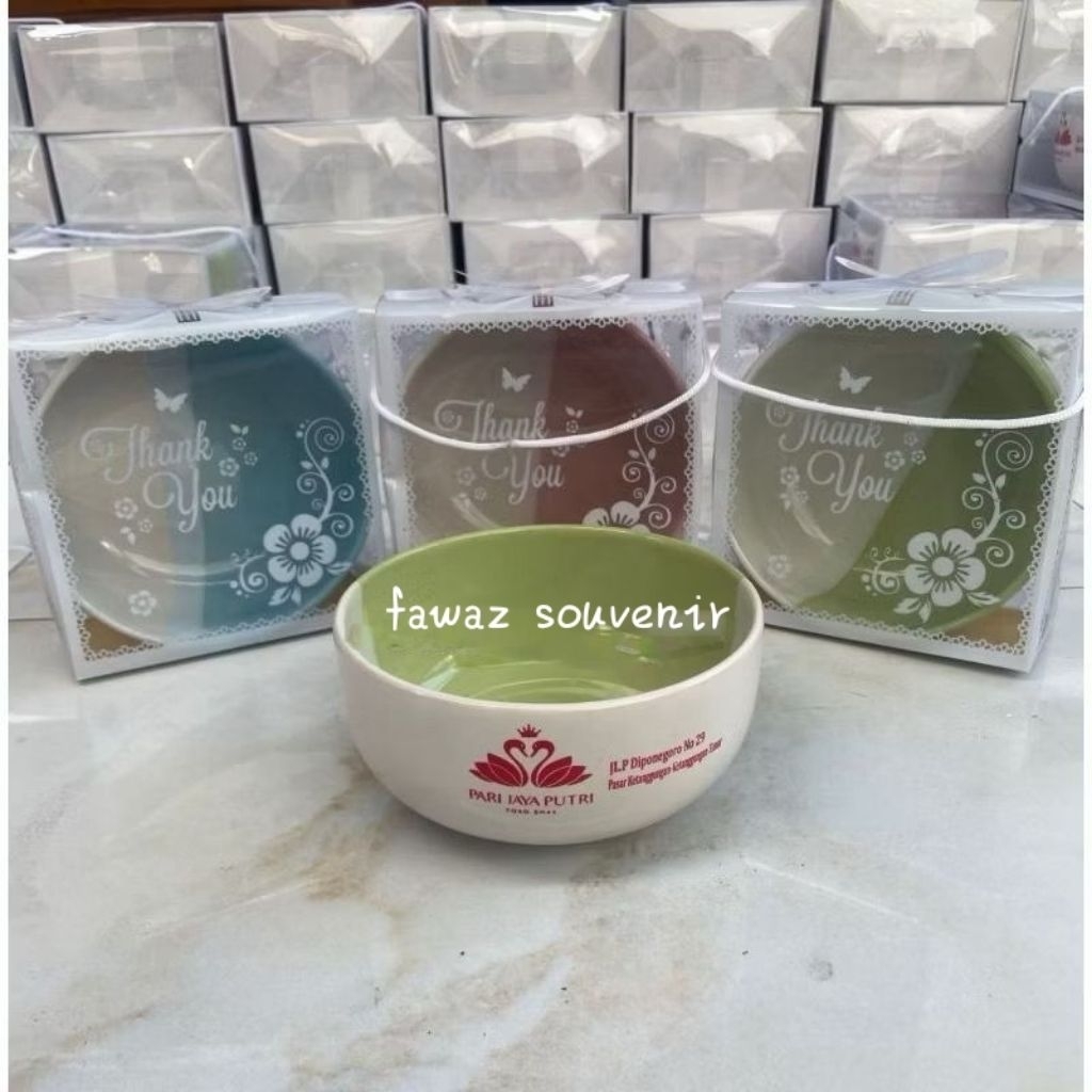 Souvenir pernikahan mangkok / mangkuk two tone keramik besar plus cetak sablon custom