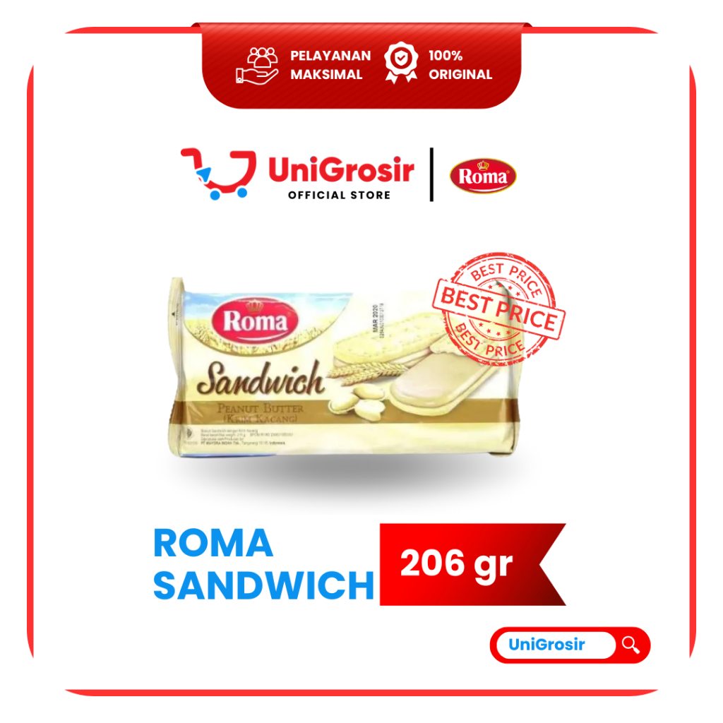 [UniGrosir] ROMA SANDWICHI BISCUIT PEANUT BUTTER BISKUIT KRIM KACANG ~206 gr