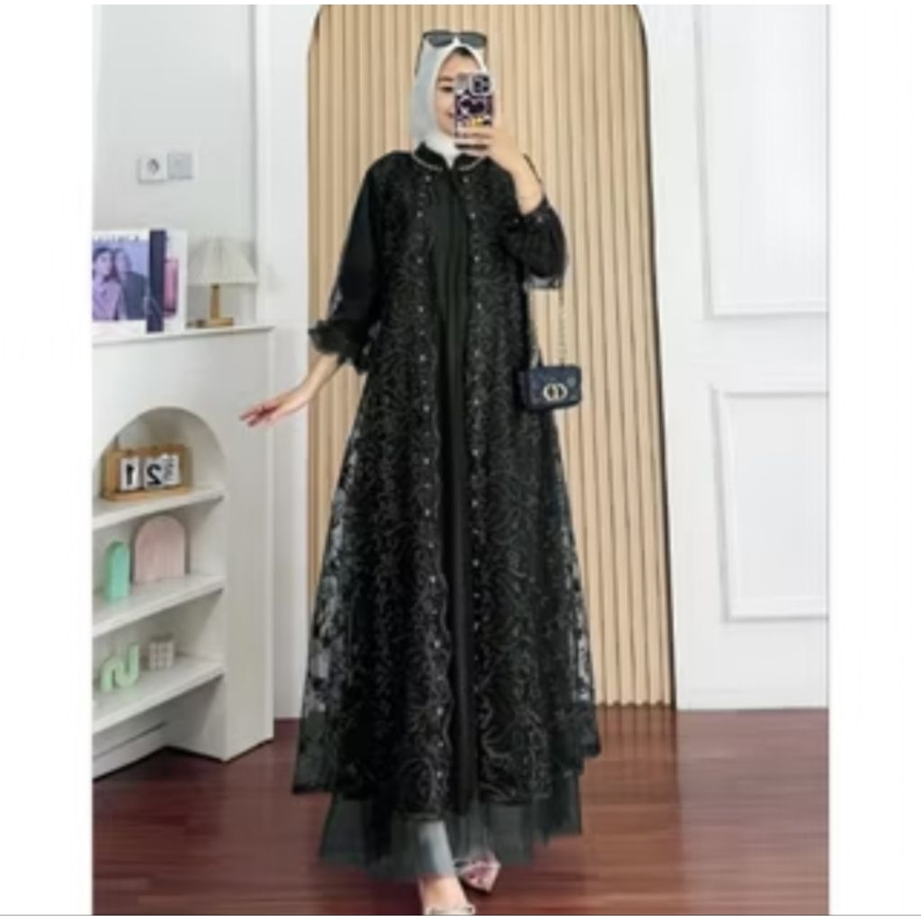 Gamis Naura dress wanita dengan bahan tille full furing mix brukat aplikasi payet