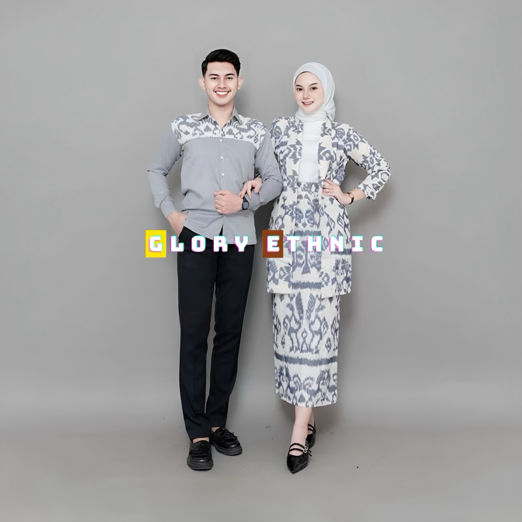Baju Tenun Madam Couple Set Batik Ikat Modern – Baju Pasangan Kondangan Muslim Elegan Pria & Wanita