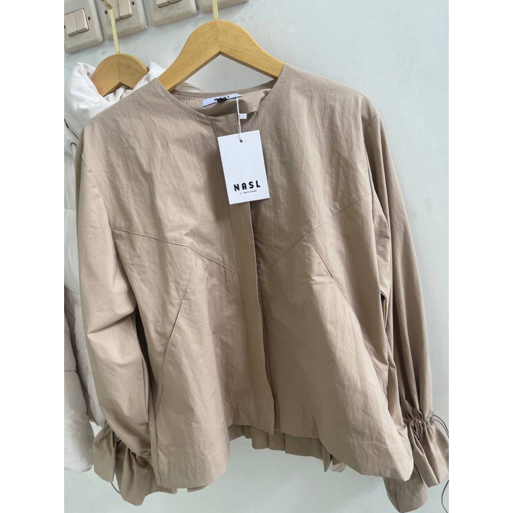 NASL khaki pleats long sleeve ruffle