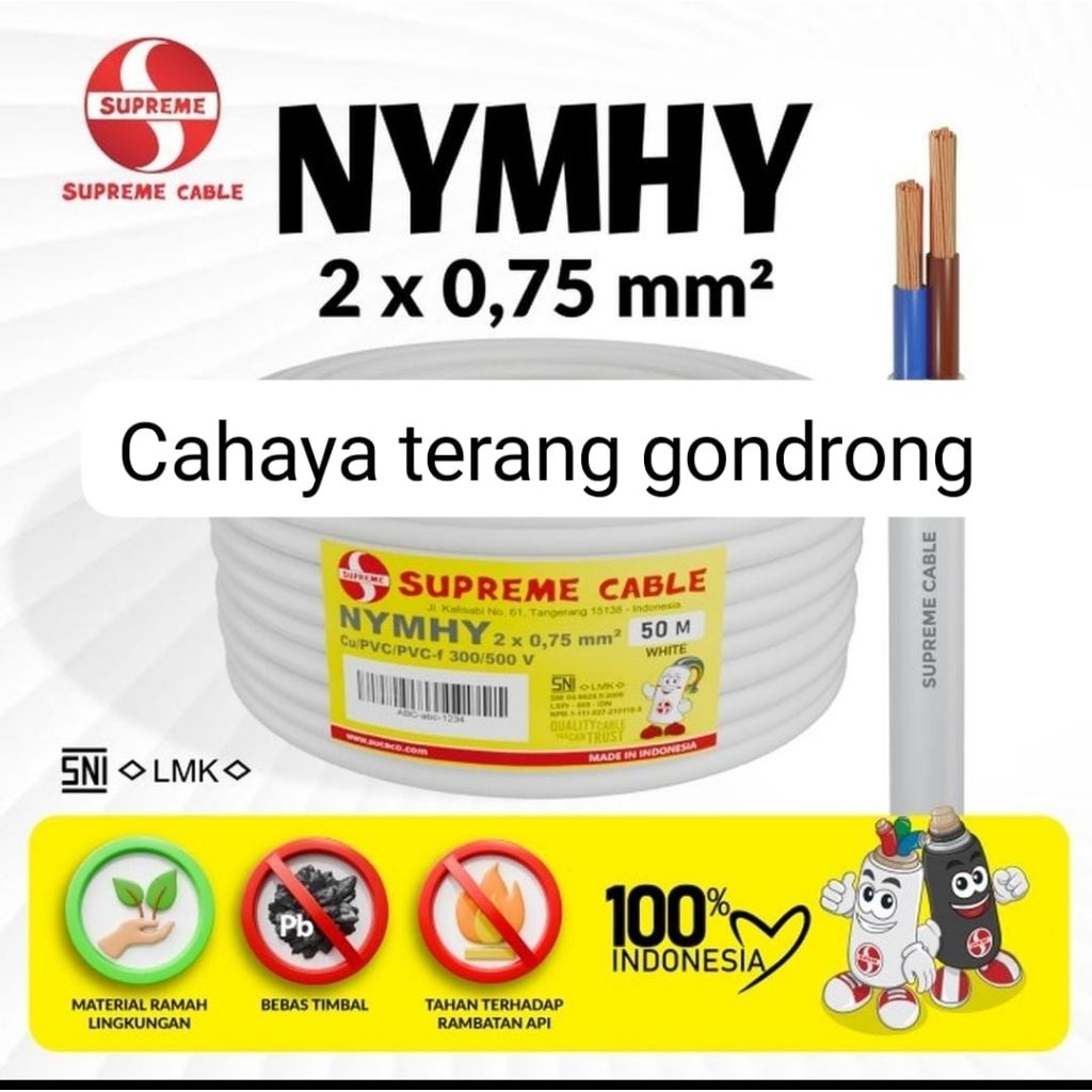 supreme kabel serabut 2x0.75 NYMHY/kabel serabut isi 2 supreme 2x0.75 50 meter