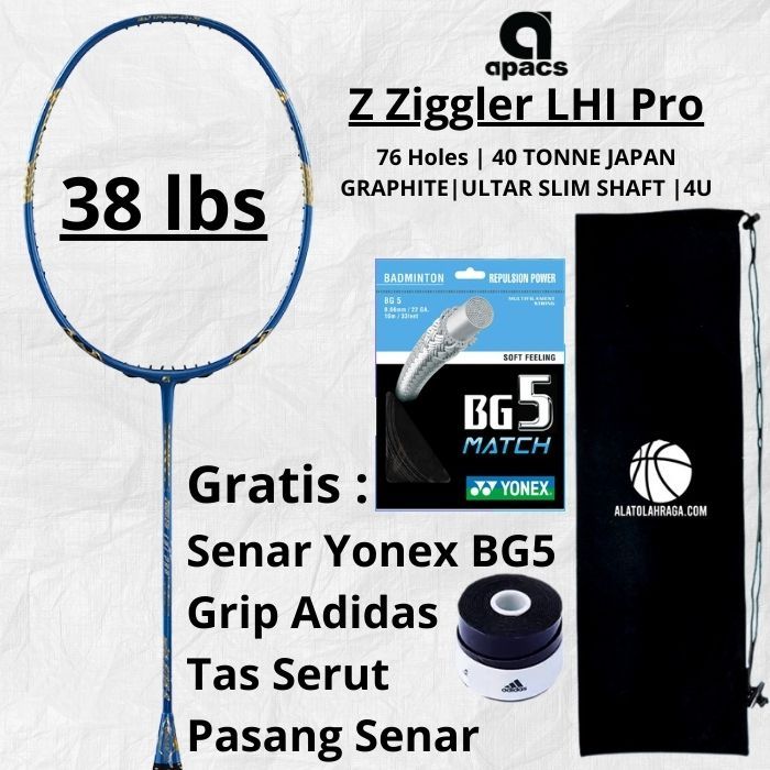 Paket Raket Badminton APACS Z Ziggler LHI Pro Graphite Carbon 38 lbs Blue