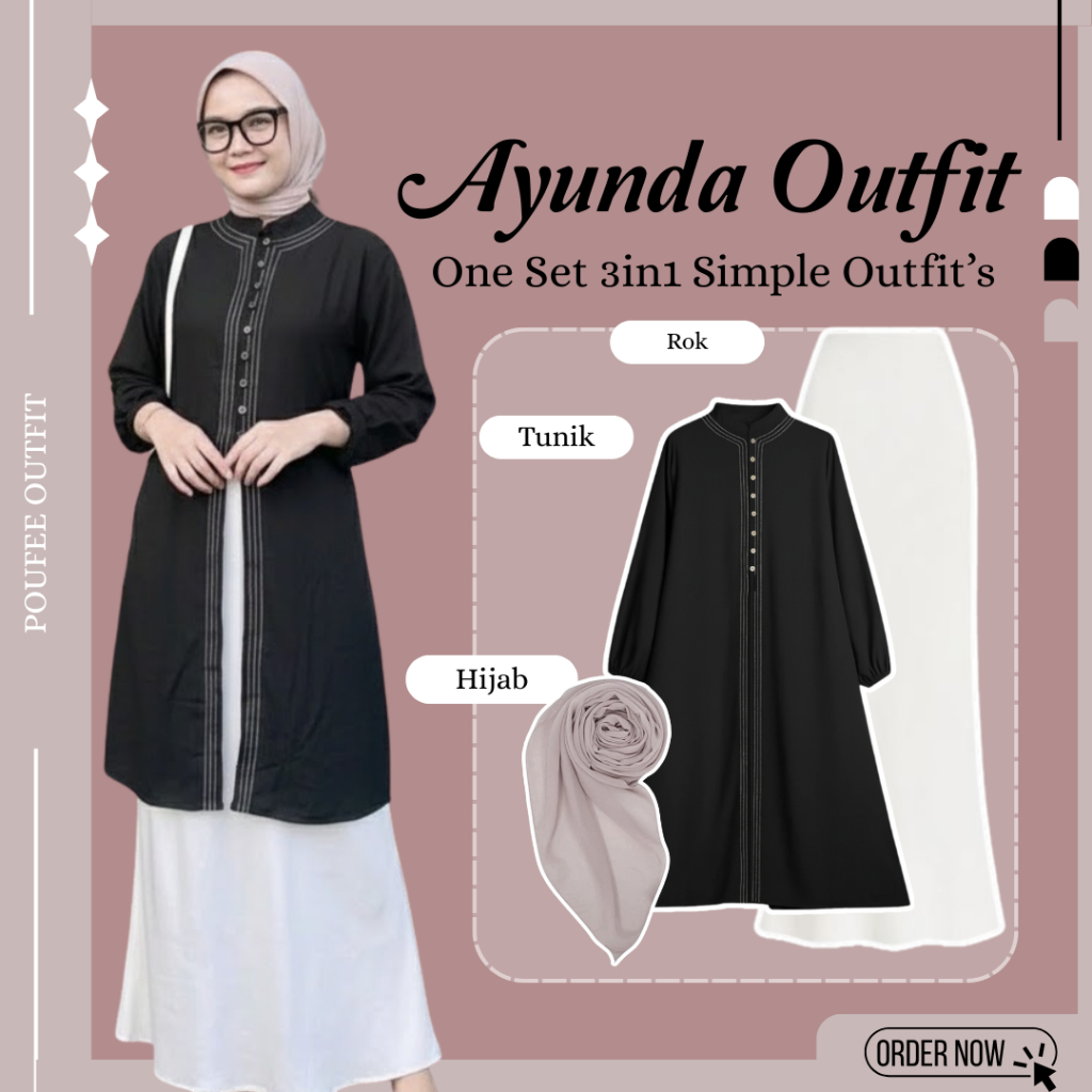 OOTD Wanita 3in1 Set Ayunda Outfit (Rok Duyung - Tunik - Hijab) Outfit Raya Look