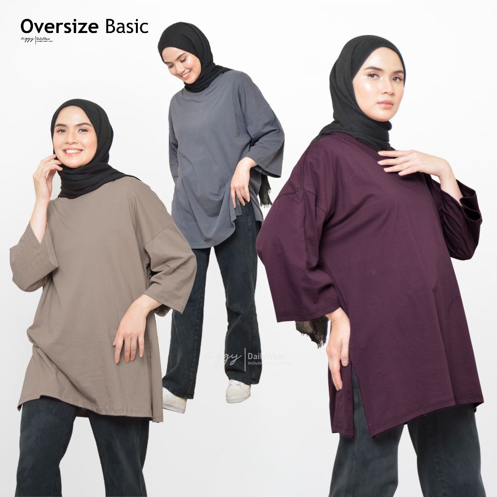 Oversized Basic Top Kaos Polos Oversize NonBusui Hijab Friendly Lengan 7/8 Tshirt Slits Katun Ziggy