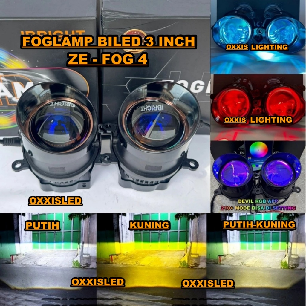 Foglamp Biled Sepasang ZE FOG 4 IBRIGHT Bluelens Lengkap Brecket Devil Rgb Apps Foglamp Mobil.
