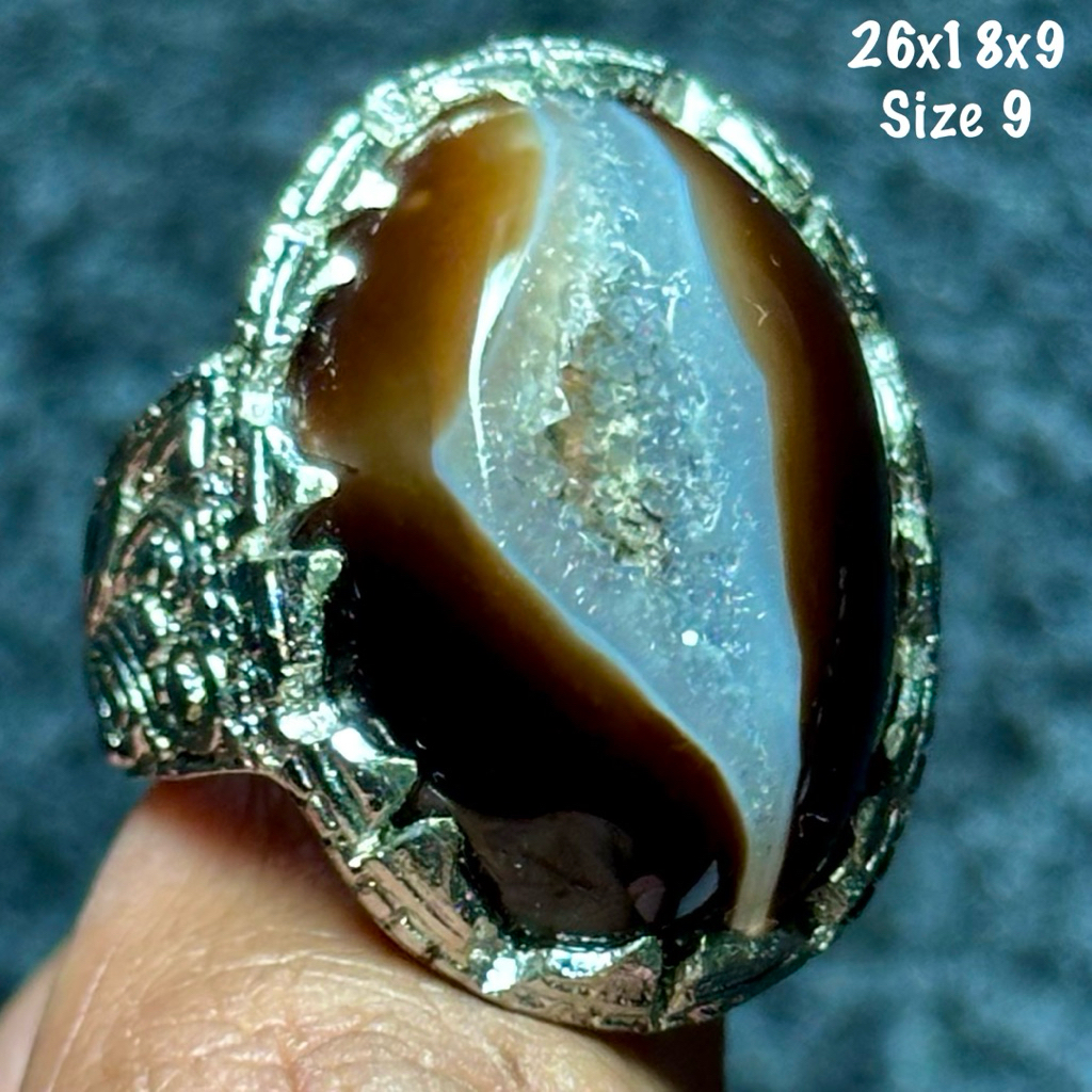 Cincin Batu Akik Natural Yaman Combong Segitiga Jumbo Kristal (asli alam)