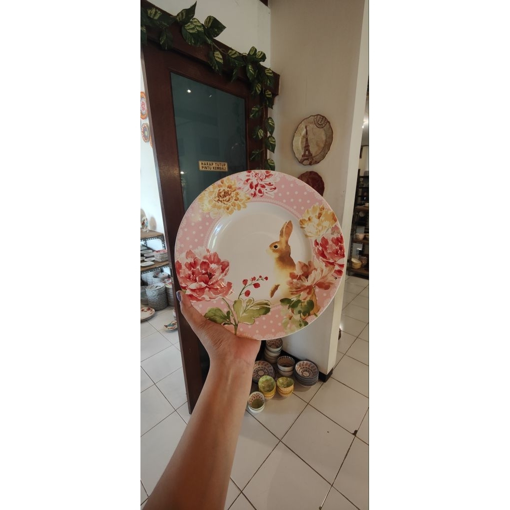 Piring Keramik Shabby Bunny Pink/Pajangan Dinding Walldecor/FREE KAWAT GANTUNG