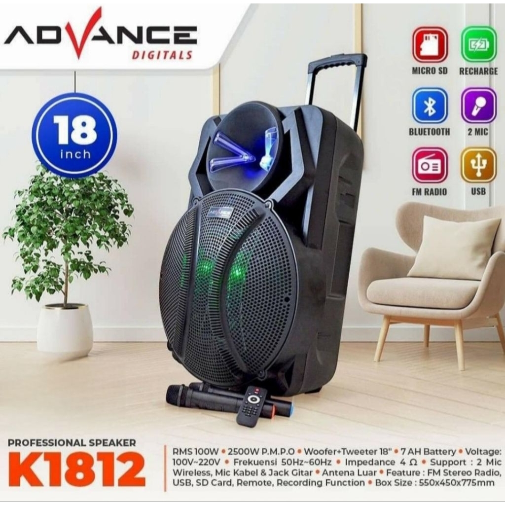 Speaker Portable Advance K1812 18 inch Free 2 MIC/Speaker Bluetooth Advance K1812 ORIGINAL