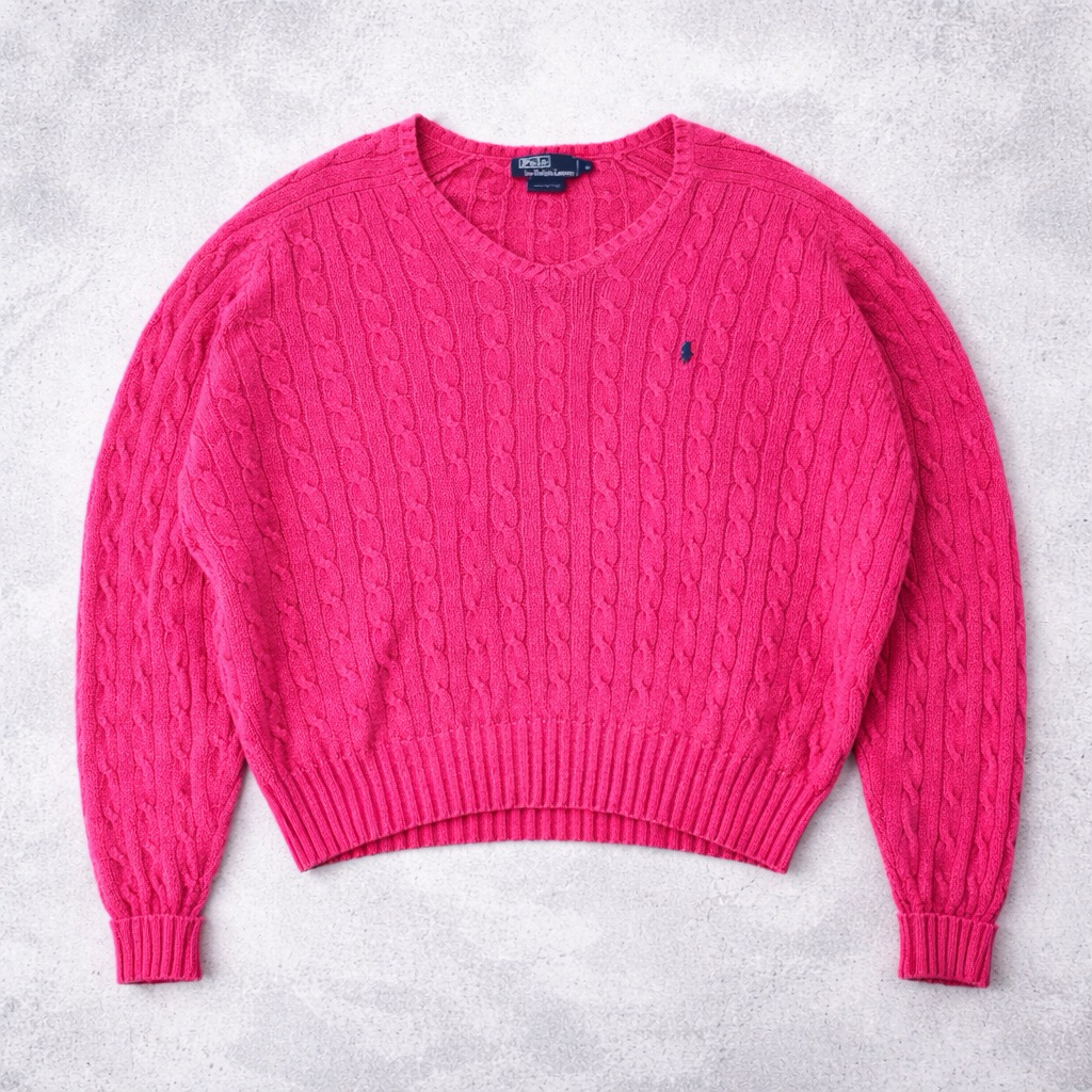 Sweater V-Neck Polo Ralph Lauren Cableknit Rajut Full Kepang Magenta