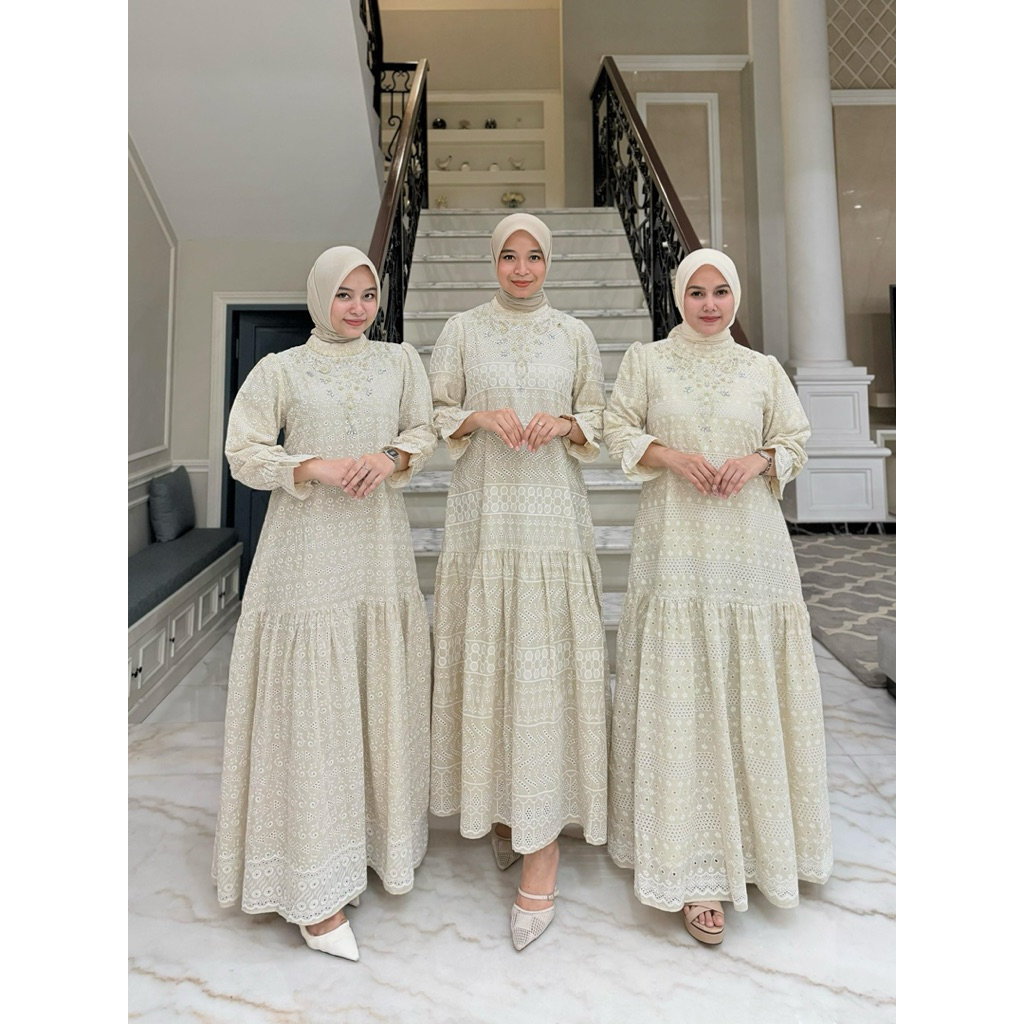 Gamis bahan katun Bordir mix  fayet full furing  Retliting belakang Model katun bordir rumple bawah 