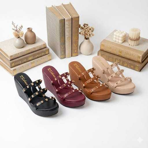 Sendal Wedges Korea Style Aksen Pyramid Stud Mewah Sandal Hak Tinggi OOTD