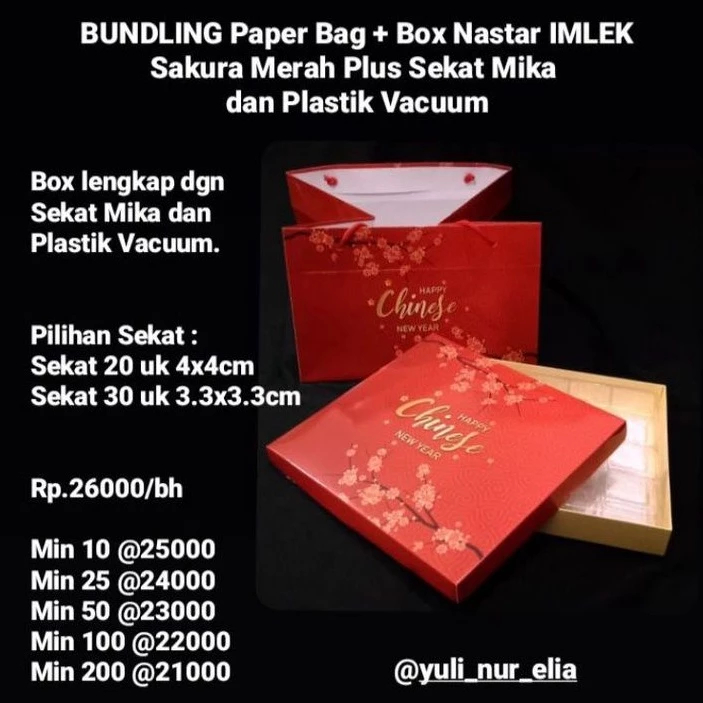 BUNDLING Paper Bag + Box Nastar IMLEK Sakura Merah Plus Sekat Mika dan Plastik Vacuum