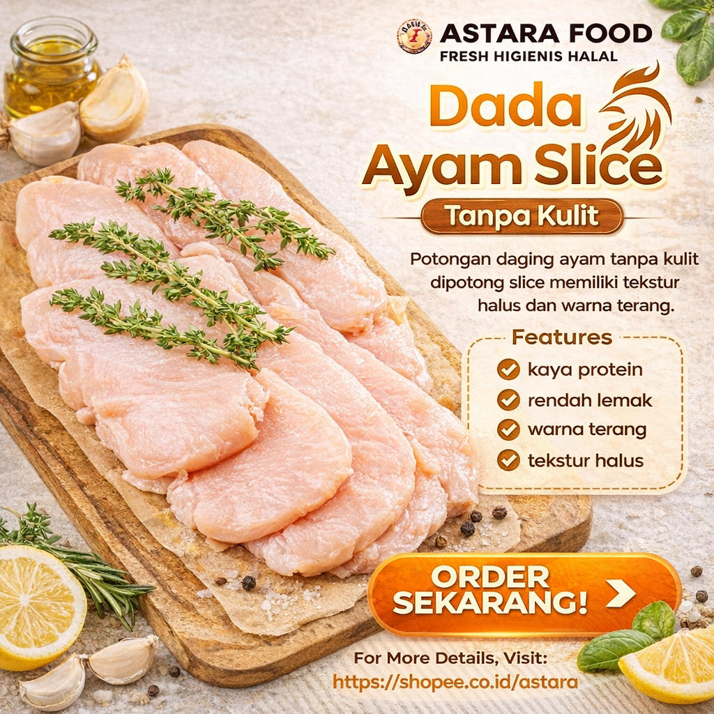 Daging ayam dada slice tanpa kulit 1kg astara food