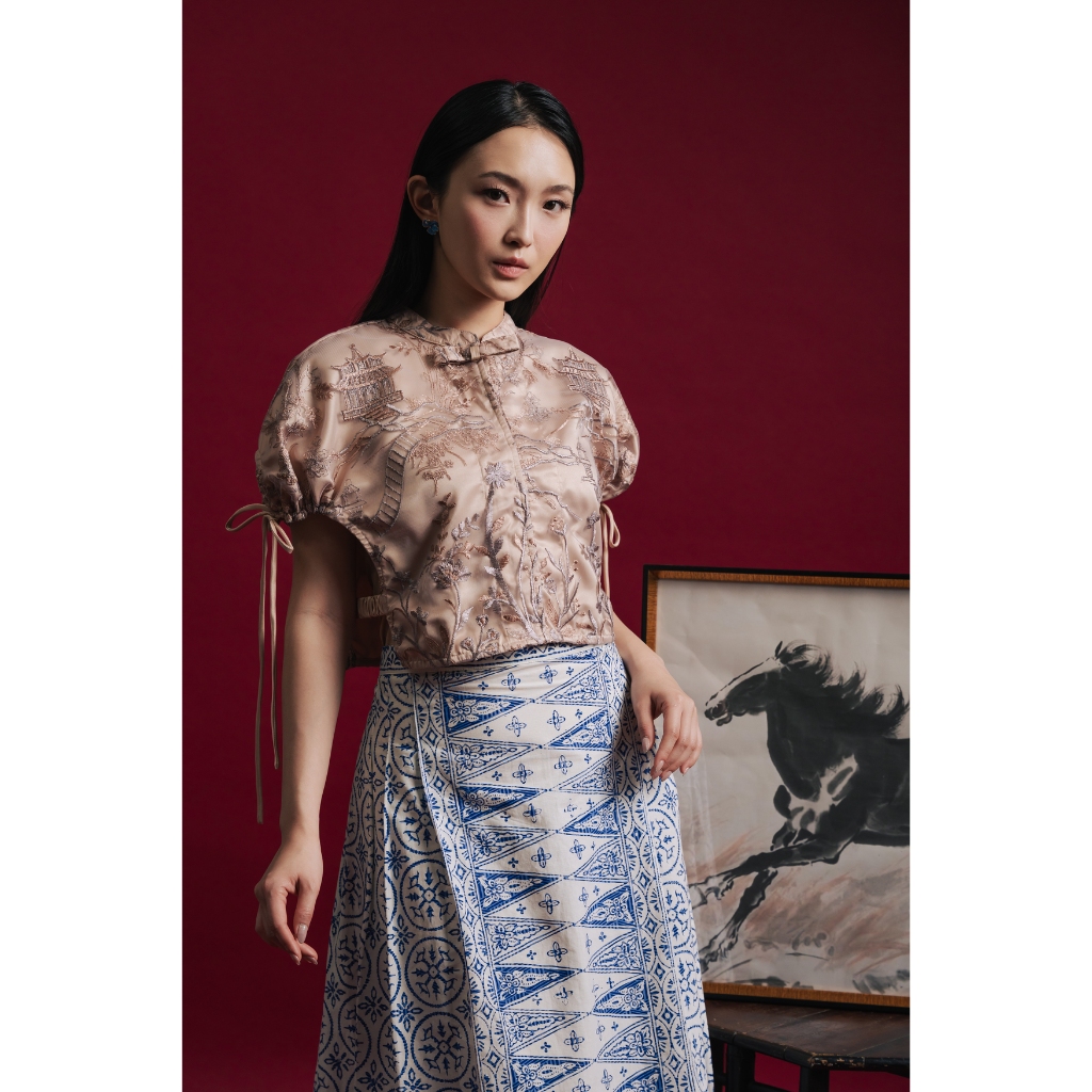 Jolie Clothing Rou Floral Apron in Nude Pink / Qipao Outer Top Wanita / Atasan Wanita / Cheongsam Ou