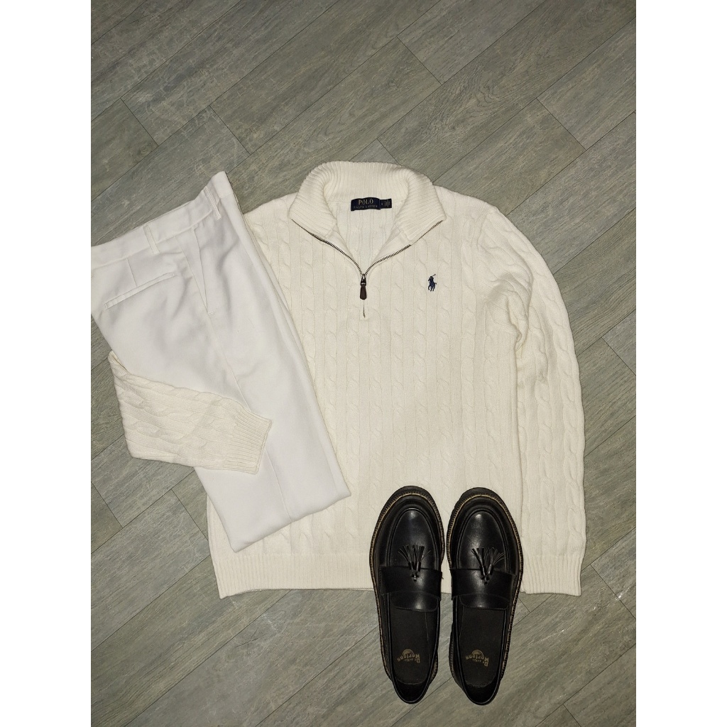 New Cable Knit Quarter Zip Sweater Cream White Polo Ralph Pria Wanita Cotton Original