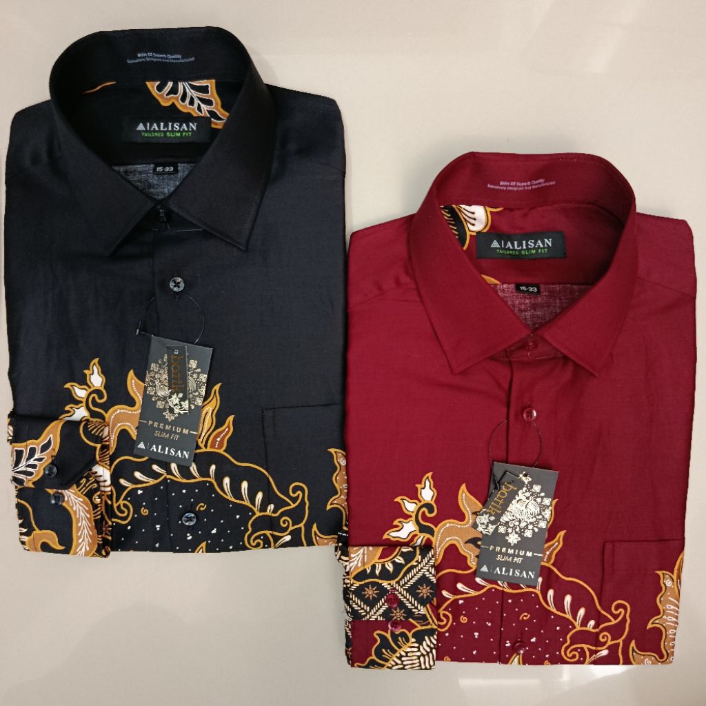 LENGAN PANJANG Alisan Batik Premium Motif Daun Lengkung Hitam/Merah Slimfit