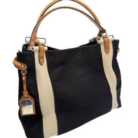 Ralph Lauren VTG Large Black Canvas Tote W/tan Leather Trim Expandable
