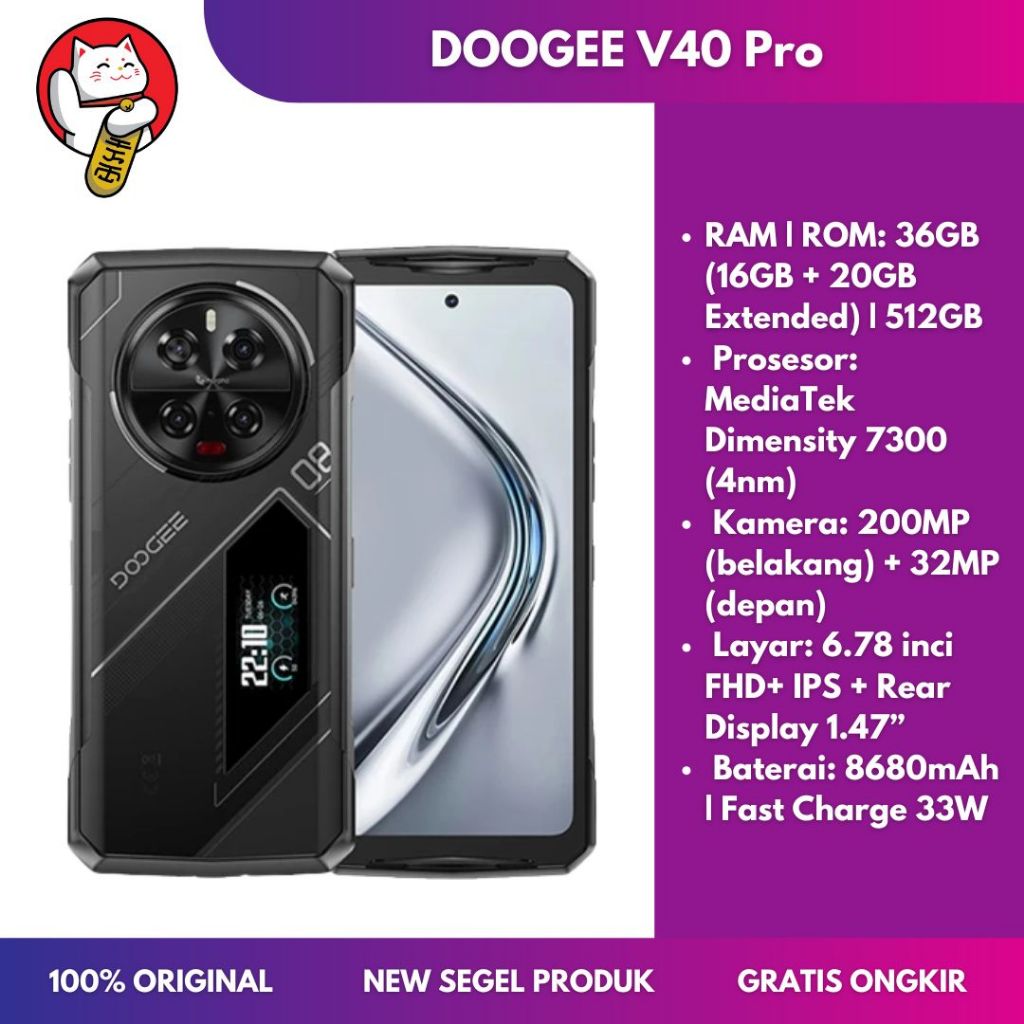 DOOGEE V40 Pro 5G Rugged Smartphone RAM 16GB ROM 512GB Dimensity 7300 Layar 6.78” Kamera 200MP Bater
