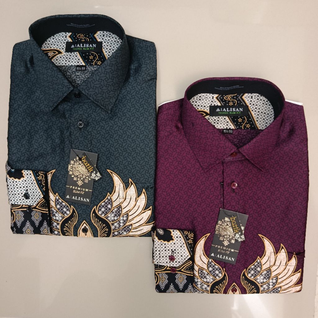 LENGAN PANJANG Alisan Batik Premium Motif Sayap Burgundy/Abu Slimfit