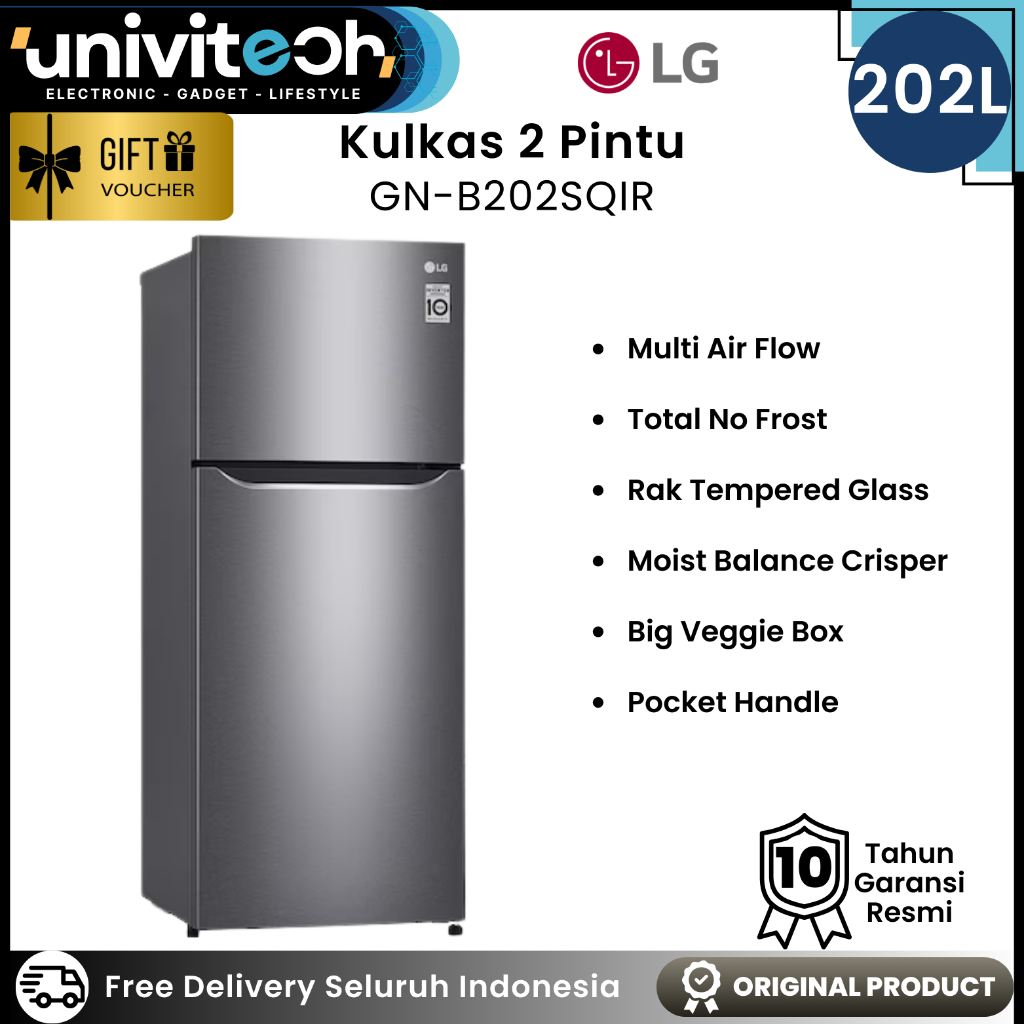 LG Kulkas 2 Pintu 202 Liter Tanpa Bunga Es Low Watt Rak Kaca Big Freezer Multi Air Flow, GN B202SQIR