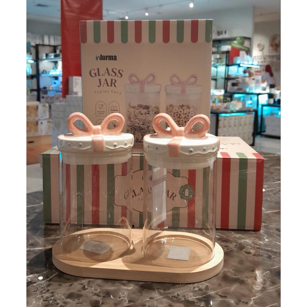 Informa stoples kaca ribbon dengan nampan 650ml set 2pcs transparan/toples kue informa/toples kue lu