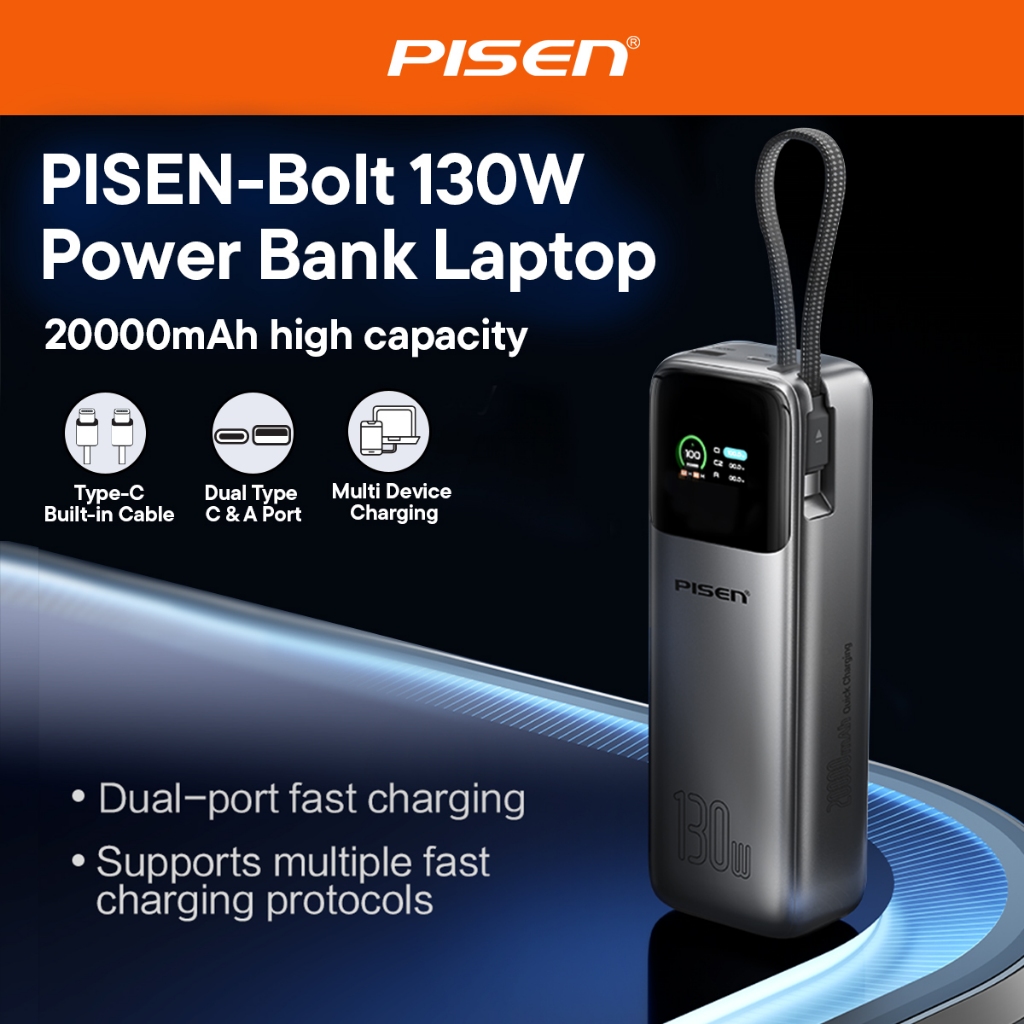 PISEN BOLT TITAN Laptop Power Bank CCC Certified 130W 20000mAh Ultra-fast Charging with Built in Typ