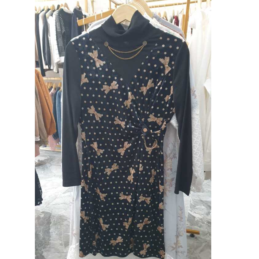 Tunik Wanita Hitam Motif Polkadot Pita | Tunik Elegan Aksen Rantai
