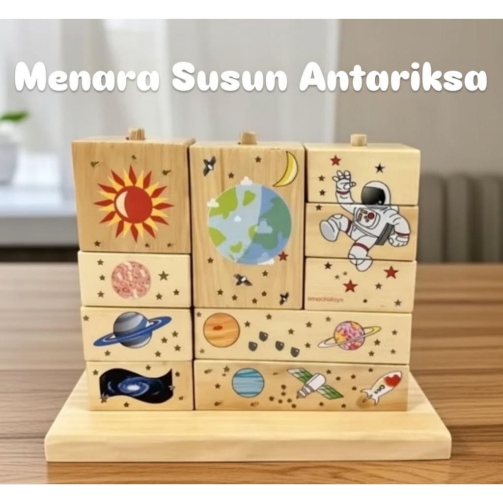 Omocha Toys - Menara Balok Antariksa Mainan Kayu Susun Luar Angkasa