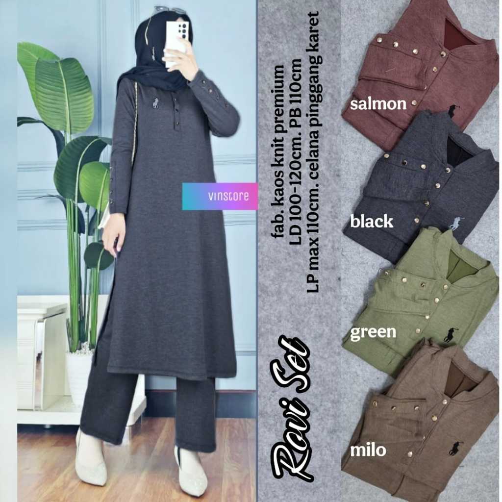 Setelan Tunik dan Celana Wanita Outfit Hijab Bahan Kaos Knit Halus Adem Ld 100-120 Jumbo XXL