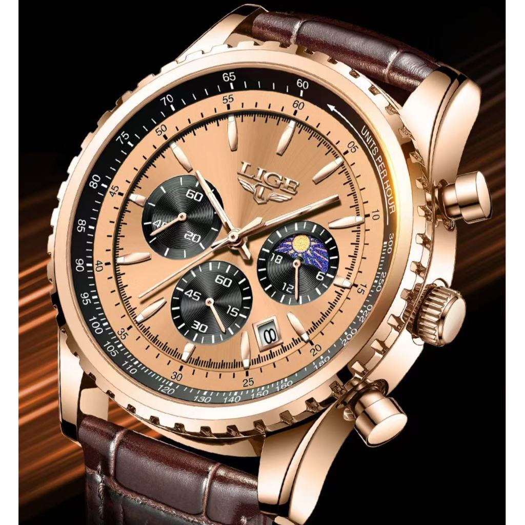 LIGE men's quartz watch multifunctional timing sports waterproof watch business men's watch