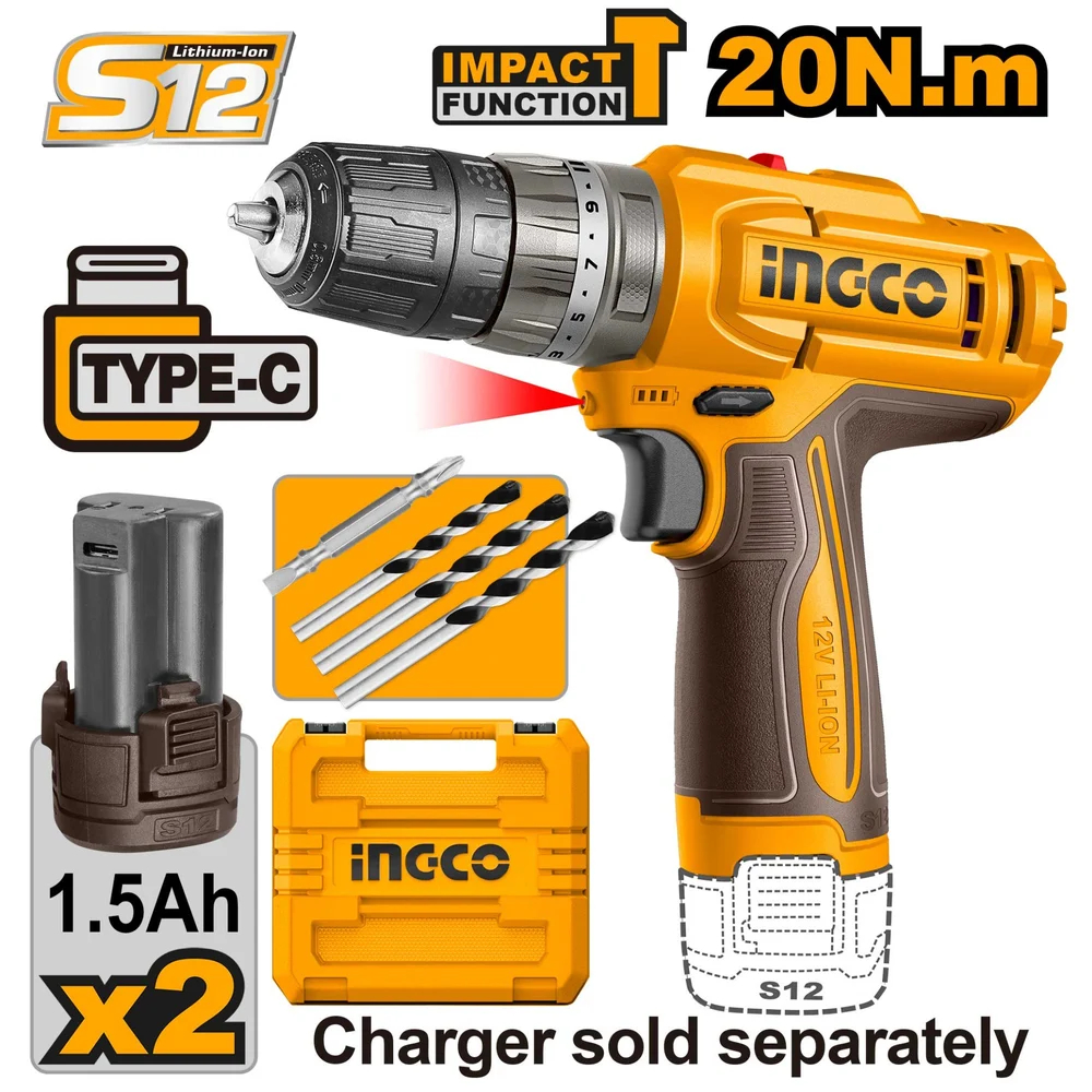 Bor Tembok Cordless 12V (10mm) Impact Drill INGCO CIDLI12206 Lithium-Ion Impact Drill