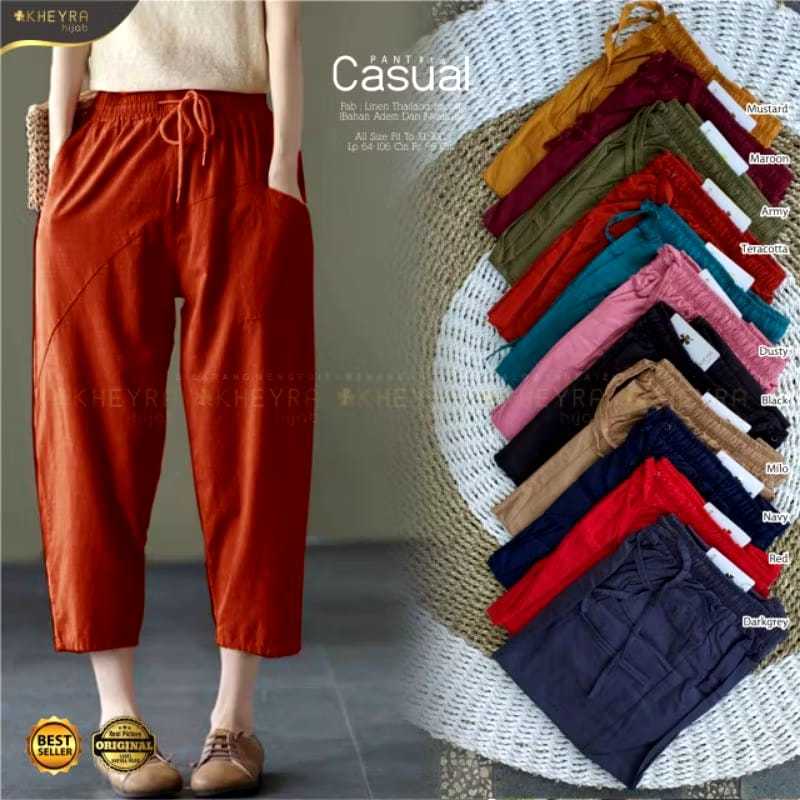 Celana Casual Panjang Wanita Original KHEYRA HIJAB Bahan Linen Thailand Premium Model Korea Style Cr