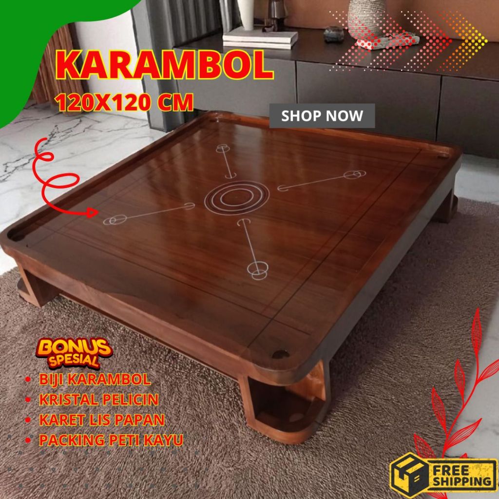 Meja Karambol Kayu Jati 120x120 Satu 1 Set Lengkap Premium