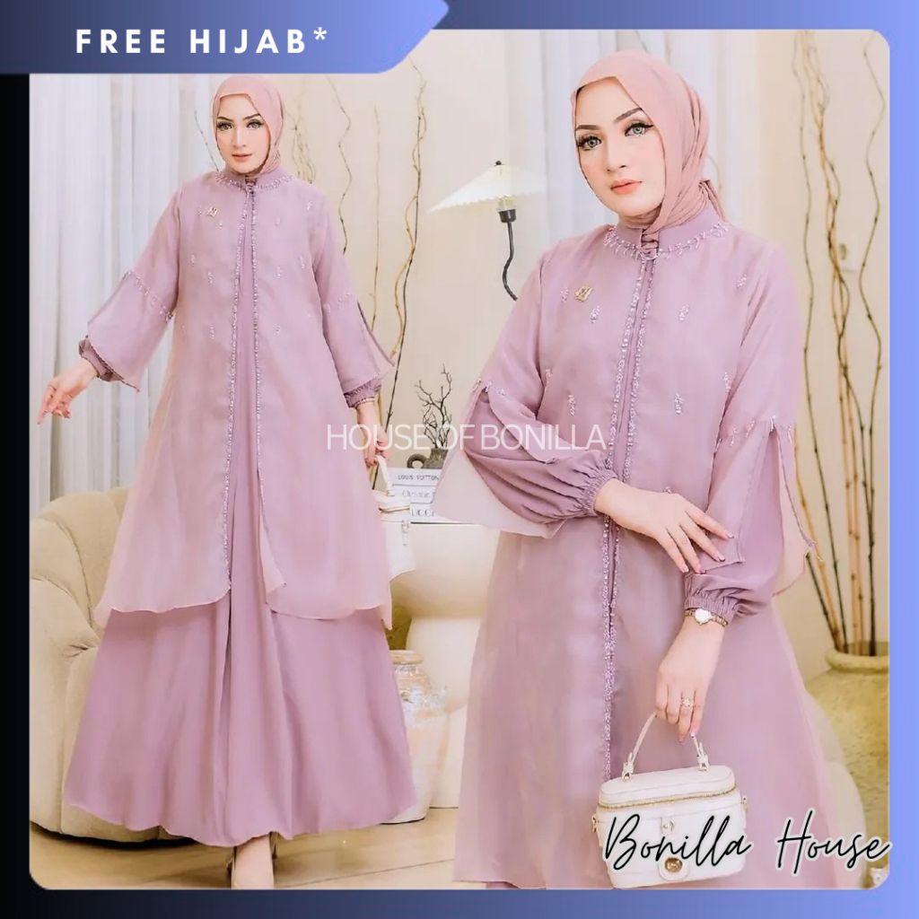 Setelan Gamis Outer Organza SAFIRA Payet Premium / Baju Muslim Bahan Organza / Baju Kurung Melayu Or