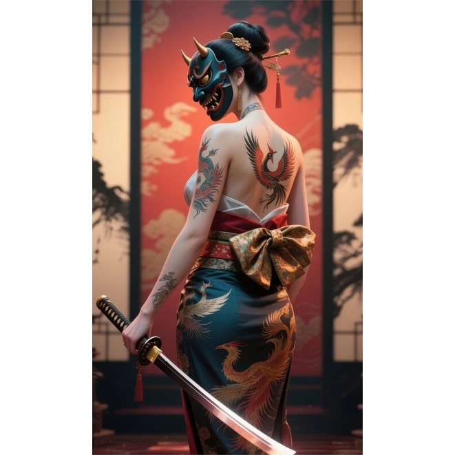Poster samurai Wanita bertopeng 50x84cm