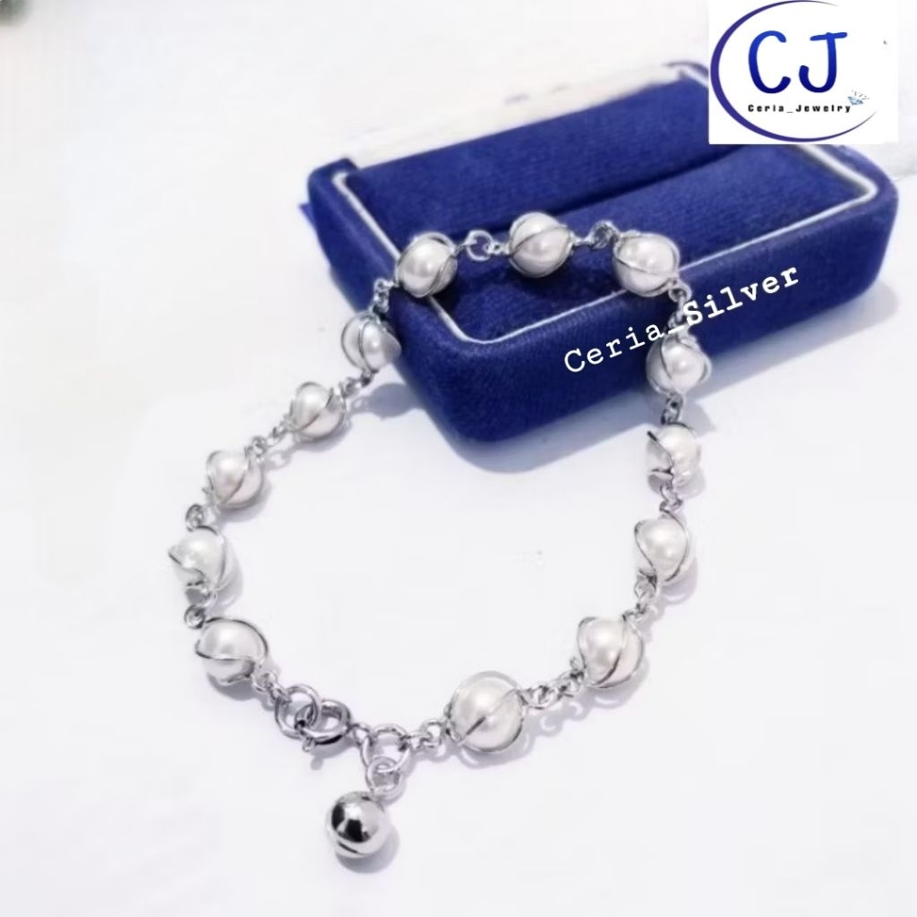 Gelang Perak Asli Wanita Silver 925 Lapis Emas Putih Asli Gelang Mutiara Asli - Gelang Anti Karat - 
