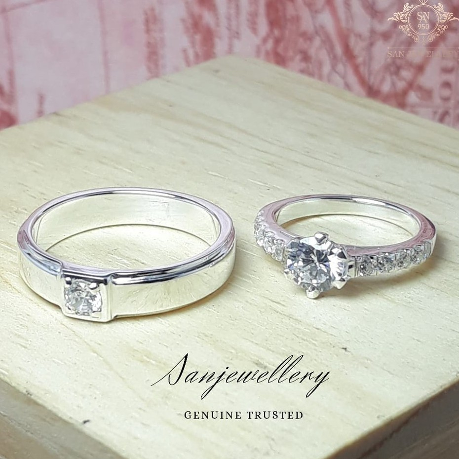 SAN950 Cincin Tunangan Nikah Couple –Emas Putih Original Premium + Free Ukir Nama Gratis C683