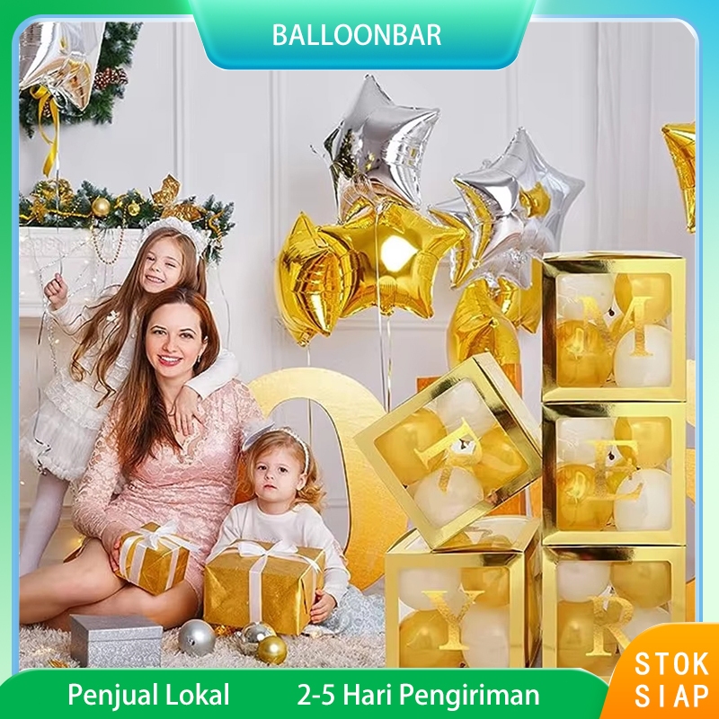 25*25cm Kotak Balon Transparan Emas Dengan Stiker Huruf A-Z Untuk Dekorasi Pesta Ulang Tahun Pernika