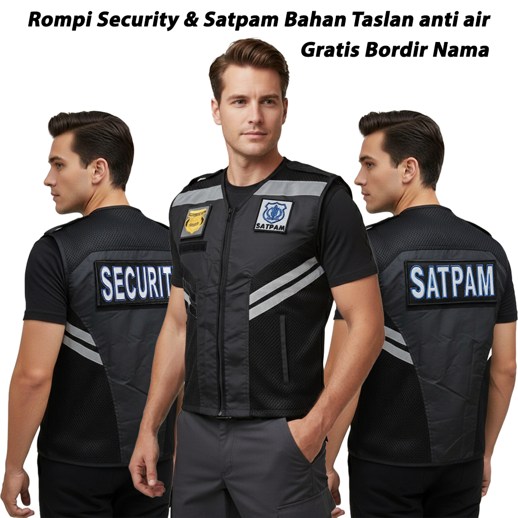 Gratis Bordir Nama - Rompi Security dan Rompi Satpam Warna Hitam Bahan Taslan Premium Anti Air