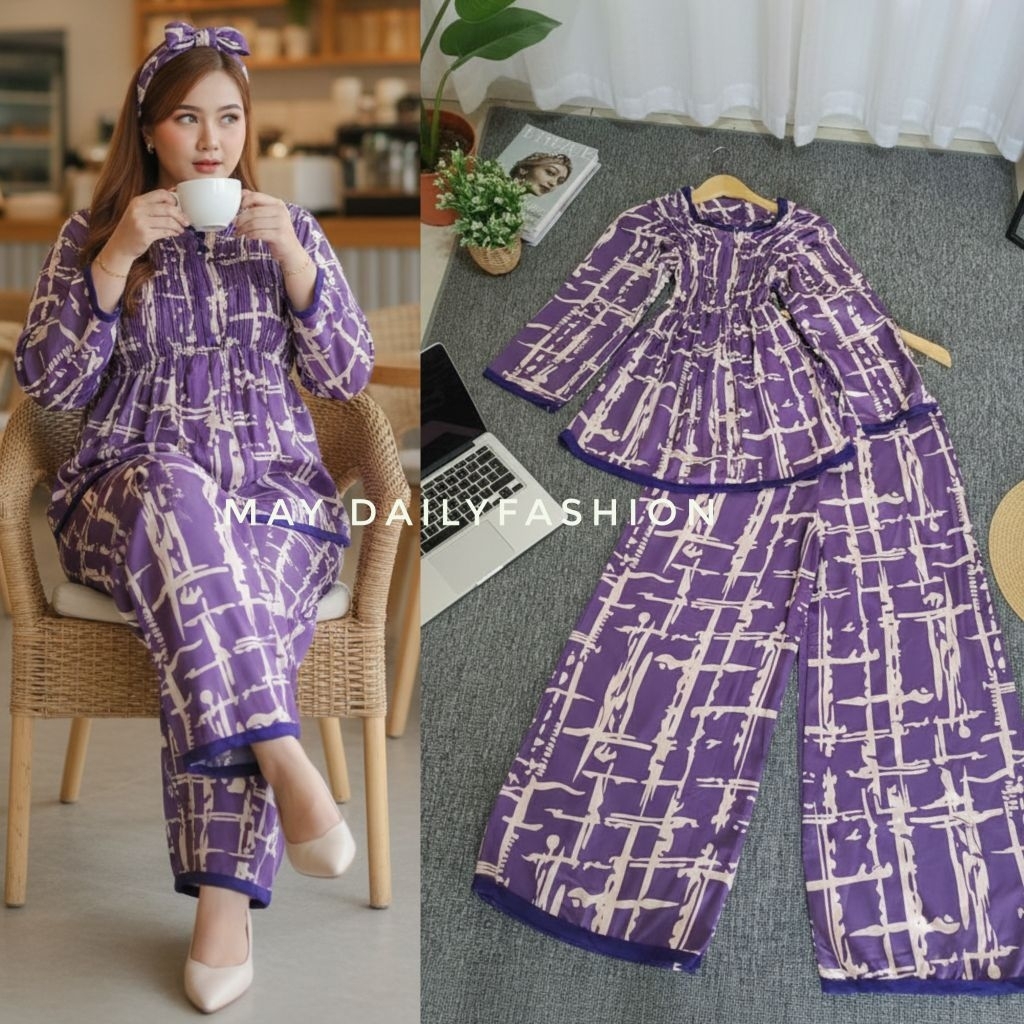 medina set setelan wanita panjang cplp rayon smok dada busui kulot jumbo adem nyaman set pajamas oot