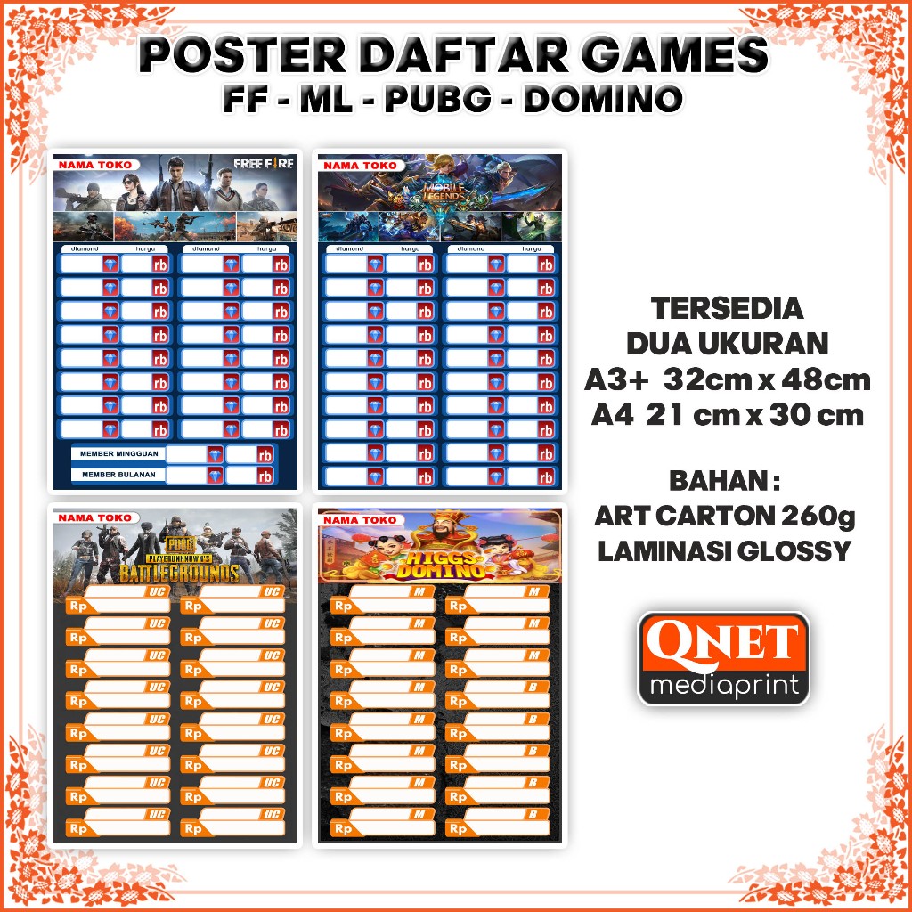 POSTER DAFTAR HARGA TOPUP GAMES FF ML PUBG DOMINO + LAMINASI GLOSSY