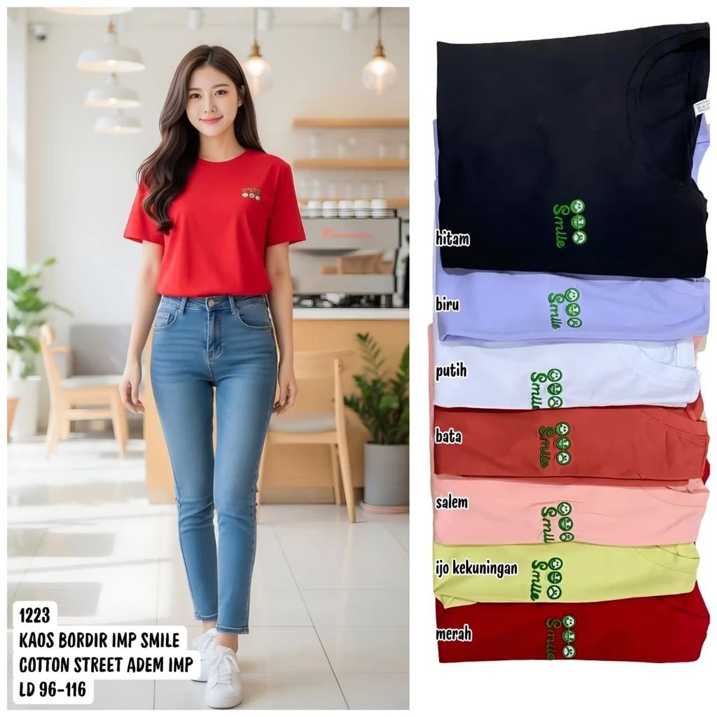 1223 kaos wanita import bordir smile
