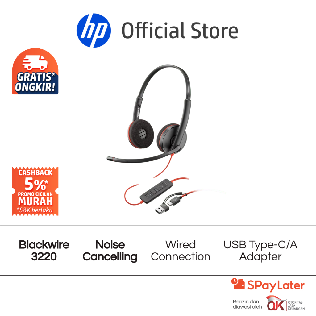 Headset HP Poly Blackwire 3220 Black Stereo USB-C USB-C/A Adapter Noise Cancelling Windows macOS Wir