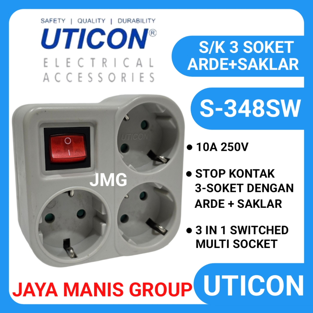 STOP KONTAK ARDE 3 LUBANG DENGAN STEKER DAN SAKLAR UTICON S-348 SW 3 IN 1 S348SW S 348SW