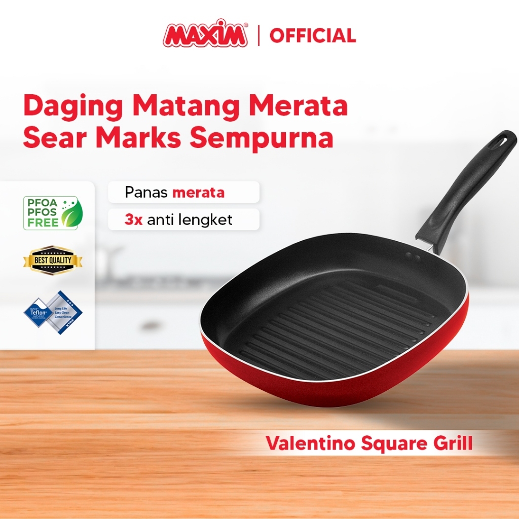 Maxim Valentino Square Grill 26cm Panggangan Teflon Anti Lengket Pemanggang Ayam Dagin Sosis
