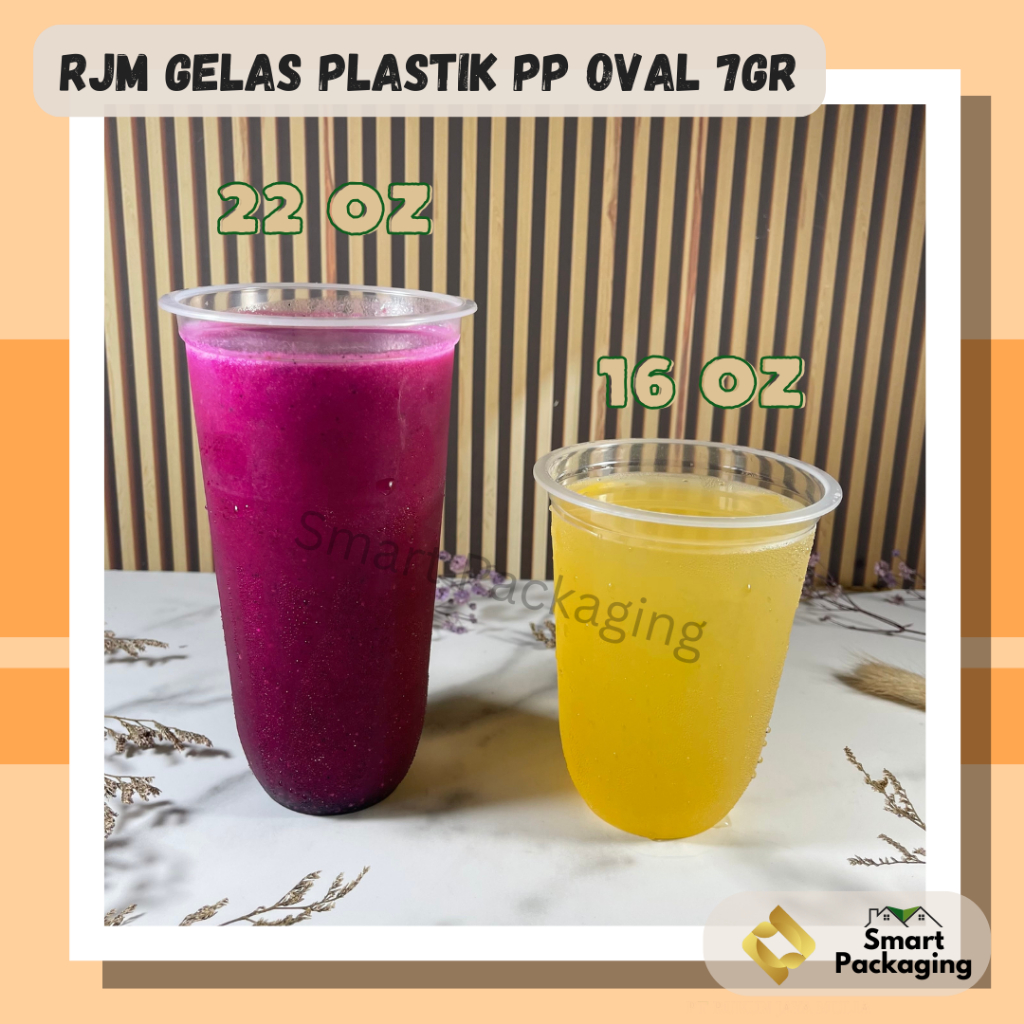[ISI 50 PCS] RJM U Cup Oval Plastic Cup 16 Oz 22 Oz 7gr / Gelas Plastik PP OVAL / Gelas Minuman Seka