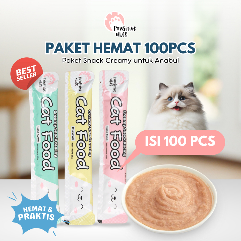 PAKET 1KG SNACK KUCING ISI 100 CREAMY HEMAT + BERGIZI - Cemilan Kucing Snack Kucing 15g penggemuk be